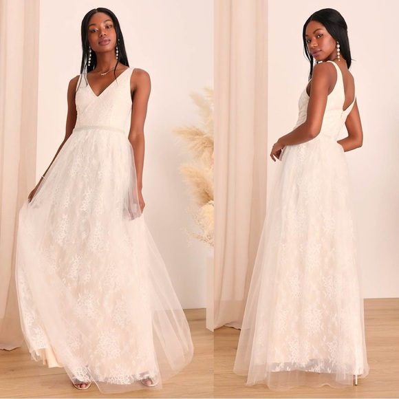 Size L‎ - Lulus Sweet Love Ivory Lace Beaded Maxi Dress - Picture 1 of 9